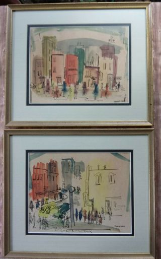 2 Vintage F.  Waze - Fink Watercolor Mcm Street Scene Professionally Framed Signed