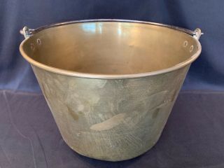 Antique Brass Large Cooking Pot Kettle Cauldron Iron Handle 10 " Tall X 14.  5 " Dia