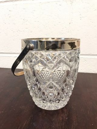 Vintage Cut Glass Ice Bucket Silver Plate Handle Barware