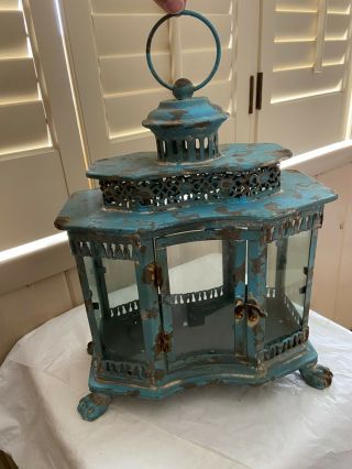 Vintage Antique Glass Copper Indoor/outdoor Decorative Lamp Lantern Patina Blue