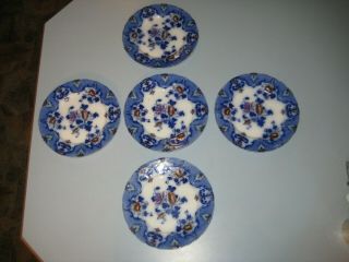 5 - Ridgeways Moyune Flow Blue 10 " Dinner Plates Semi Porcelain England Antique