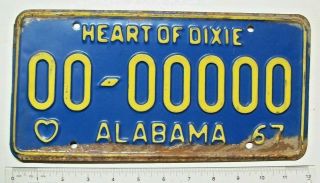 1967 Alabama Sample License Plate 00 - 00000 With " Heart Of Dixie " Slogan