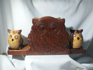 Vintage Carved Wooden Owl Retro Napkin Holder Salt And Pepper Caddy