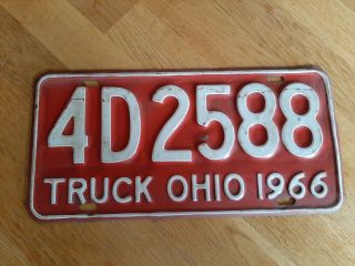 Vintage 1966 Truck 4d 2588 Ohio License Plate Red And White 66 Farm