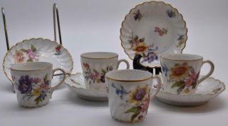 Set Of 4no.  Antique 19thc Dresden Cups And Saucers - Hand Painted - Very Pretty