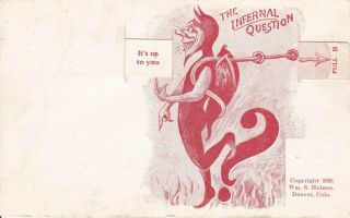 Old Vintage Devil Mechanical Postcard The Infernal Question Answer Pull Tail