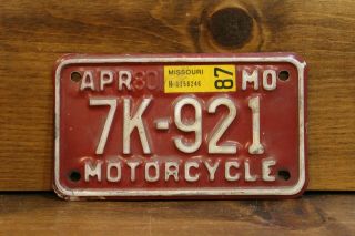 License Plate Vintage Missouri Motorcycle 1987 Sticker Tag 7k - 921 Steel