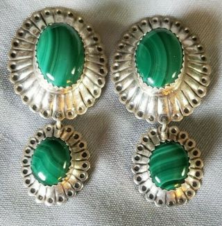 Vintage Sterling Silver & Malachite Concho Large Dangle Clip Earrings 11.  8g