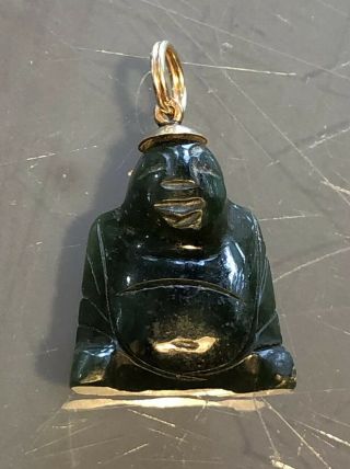 Vintage 14k Yellow Gold Carved Green Jade Buddha Good Luck Pendant For Necklace