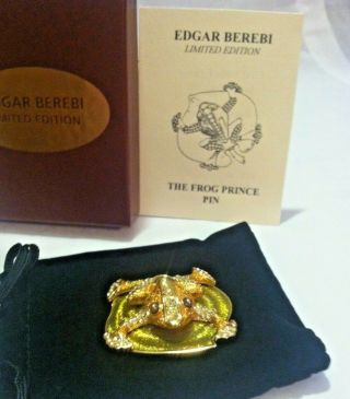 Vintage Nib Edgar Berebi The Frog Prince Pin Green Orange Enamel Lily Pad Nr