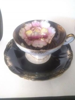 Royal Sealy China Vtg.  Tea Cup And Saucer Pink Black Gold With Large Flower