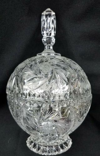 Vtg Cut Etched Crystal Candy Dish Compote Footed Pedestal Lidded Pinwheel Star