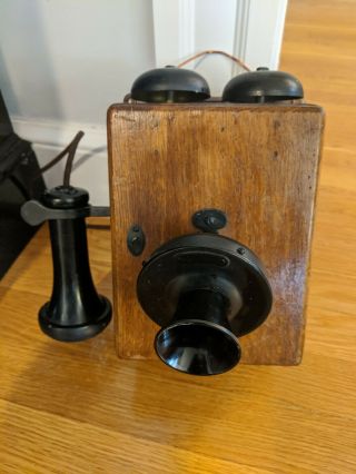 Antique Wall Phone With Attached Receiver And Wooden Bell Box
