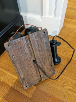Antique Wall Phone with Attached Receiver and Wooden Bell Box 3