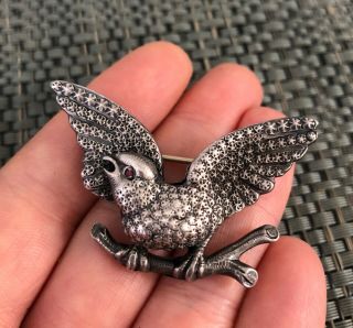 Lovely Antique Victorian Sterling Silver Bird Brooch Pin With Ruby Eye