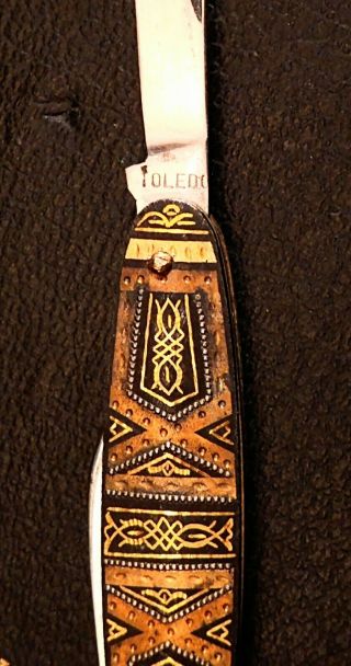 Antique Toledo Spain Gold Damascene Art Etch Folding Pocket Watch Fob Knife