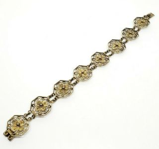 Ornate Vintage Signed 800 Silver Gold Gilt Filigree Floral Panel Link Bracelet