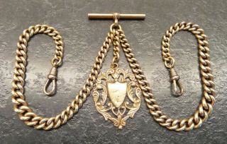 Antique Rolled Gold Graduated Curb Link Double Albert Pocket Watch Chain & Fob.