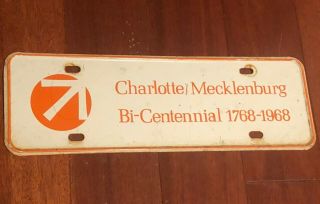 1968 Queen City Charlotte/mecklenburg Bi - Centennial Nc License Plate Topper Tag