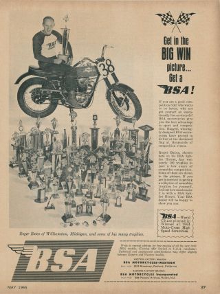 1965 Bsa Vintage Motorcycle Ad Roger Bates Spitfire Hornet Bike Racing Trophies