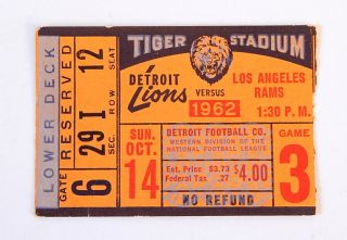 1962 Detroit Lions Vs Los Angeles Rams Ticket Stub Tiger Stadium Lower Deck