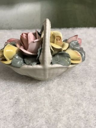 Vintage 3 Inch Wide Miniature Capodimonte Porcelain Basket Of Flowers.