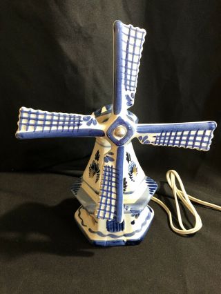 Vtg Blue Delft 10 " Windmill Night Light Lamp