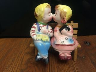 Vintage Boy & Girl Kissing Ceramic Salt & Pepper Shakers With Bench