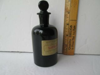 Antique Scarce Labeled Laudanum Black Glass Apoth.  Bottle Stapleton L.  I.  Nearmint