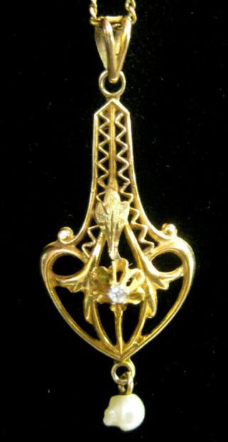 Vintage Art Deco 10k Yellow Gold Lavaliere Diamond & Baroque Pearl Pendant Chain