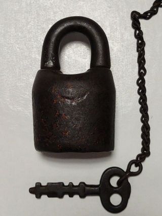 Old Vintage Antique Cast Iron Padlock With Key,  Chain 19th Century