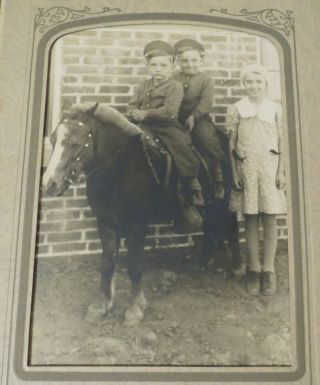 Vintage Cabinet Photograph Of A Girl And Two Cute Boys On A Pony Horse