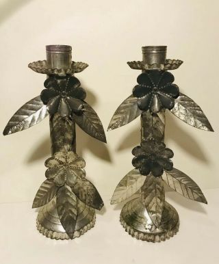 Antique Pair Tin Candle Holders Flower Folk Art Primitive Vintage Handmade