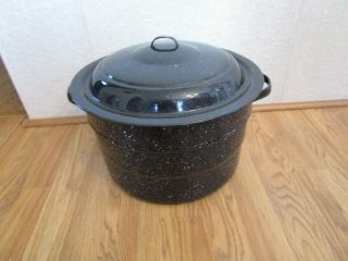 Vintage Blue Speckled Enamel Canning Pot With Rack