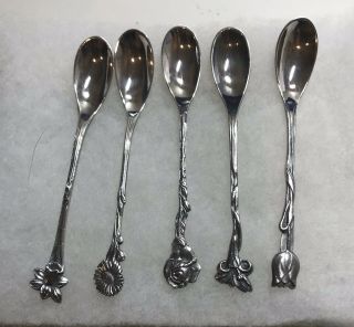 5 Vtg Holland Spoons Silver Plated/coffee Egg/rose - Sunflower - Iris - Tulip - Daffodil