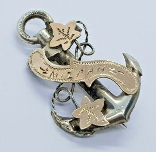 Antique Silver Sweetheart Mizpah Pin Brooch - Gold Overlay Anchor Chester 1917