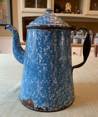 Vintage Graniteware Agateware Enamelware Blue & White Swirl Coffee Pot