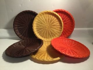 Vintage 6 Heavy Duty Plastic Paper Plate Holders Brown Yellow Orange Bamboo Look