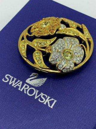 Vintage Swarovski Crystal Rhinestone Gold Tone Floral Brooch Pin Signed