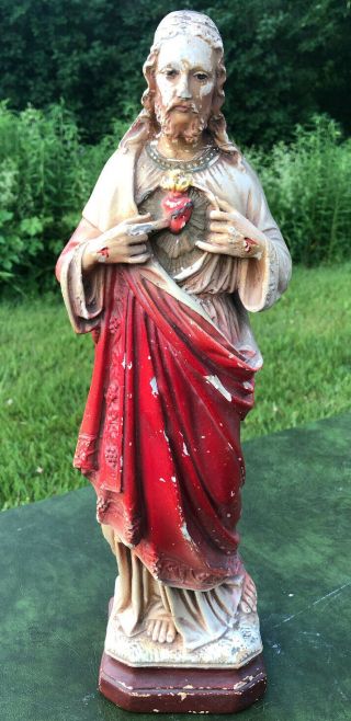 Vintage Chalk Ware Plaster Religious Catholic Statue Sacred Heart Of Jesus 17”h