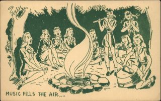 Girl Scouts Camp Fire Music Drum Flute Washtub Vintage Postcard