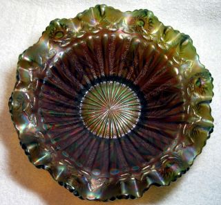 Antique Green Millersburg Rays Ribbons Pattern Carnival Glass 3 In 1 Edge Bowl