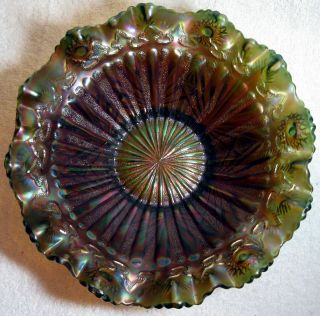 Antique Green Millersburg Rays Ribbons Pattern Carnival Glass 3 in 1 Edge Bowl 2