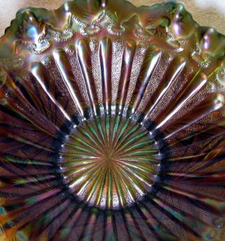 Antique Green Millersburg Rays Ribbons Pattern Carnival Glass 3 in 1 Edge Bowl 3