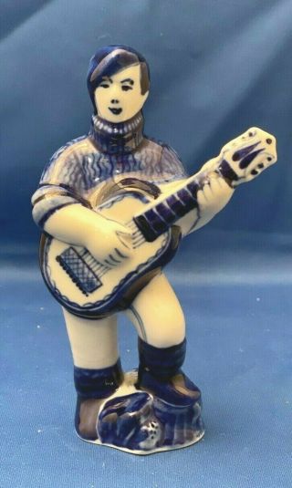 Vintage Gzhel Hand Made In Russia Figurine Playing A Guitar 5 1/2 "