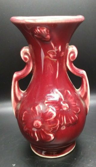 Vintage Shawnee Pottery Usa Burgandy Double Handled Embossed Floral 5 " Vase