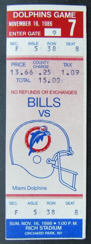 1986 Rich Stadium Nfl Full Ticket Buffalo Bills Vs Miami Dolphins Football Vtg