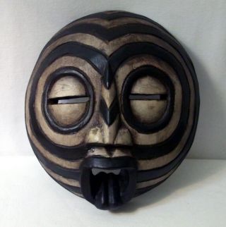 Hand Carved Oval African Wood Spirit Mask From Ghana In Black & Antiqued White