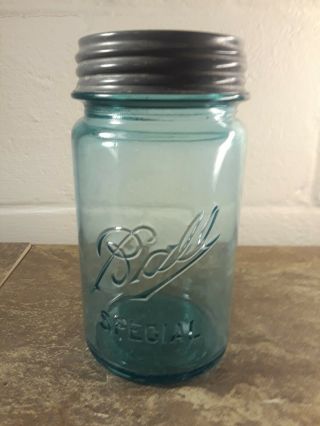 Vintage Blue Ball Jar - Special Rare Wide Mouth Jar W/zinc Lid Guc