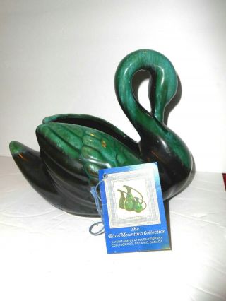 Vintage Blue Mountain Pottery Swan Bowl Planter 6 " Tall Tag Blue Green Glaze